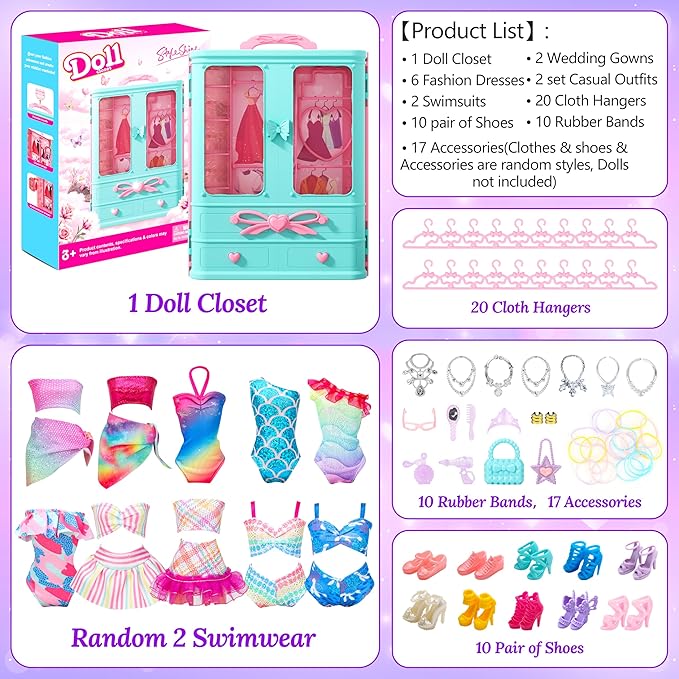 Style Shine 70 Pcs Doll Closet with Clothes & Accessories Including 2 Wedding Gowns 6 Fashion Dresses 2 Casual Outfits 2 Swimsuit 10 Shoes 20 Hangers 27 Accessories,Dress up Toys for Girls Kids Gifts