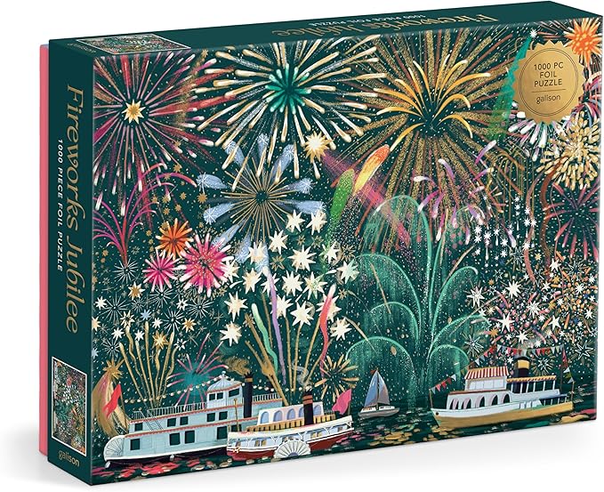Galison Fireworks Jubilee – 1000 Piece Foil Jigsaw Puzzle Featuring Beautiful Artwork of Fireworks Overlooking Boats On The Water