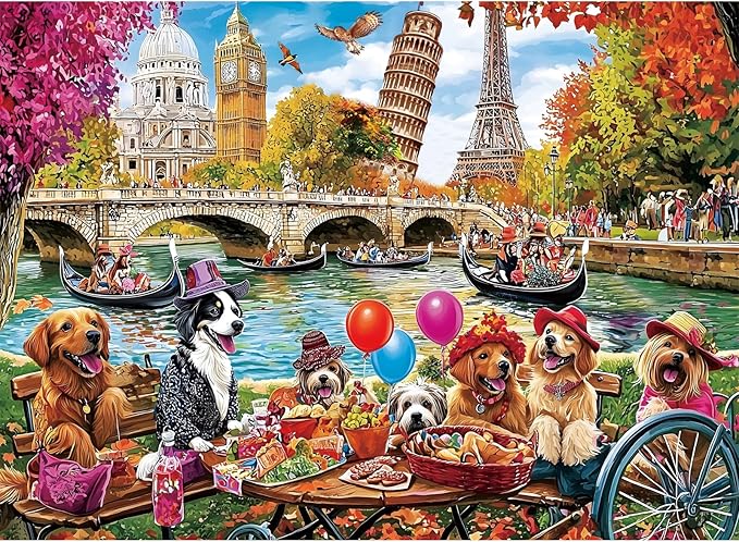Puzzles for Adults 500 Pieces - Fun Picnic Pups Around The World Puzzle, Dog Gone Days Jigsaw Puzzle, Camping Animal Puzzles for Teens 14-16, Impossible Puzzle Perfect for Game Nights 20.5X 15 in
