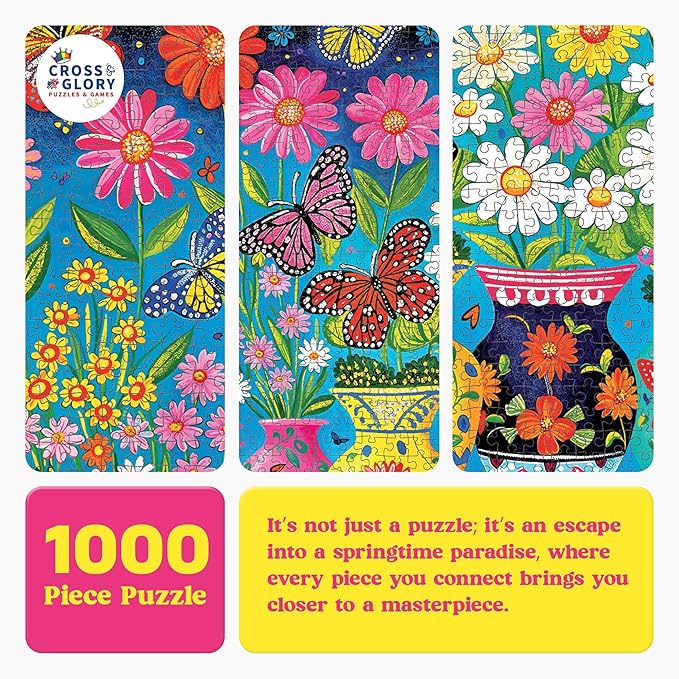 Cross & Glory - 1000 Piece Jigsaw Puzzle for Adults |Blooming Butterflies | Best New Spring Garden Puzzle | Vibrant Butterfly | 20x27 Inches | Flower Puzzle