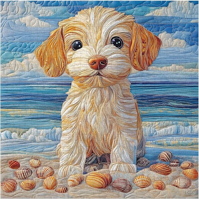 Beach Dog Puzzles 1000 Pieces for Adults, PICKFORU Fabric Art Patchwork Quilt Jigsaw Puzzles, Summer Seaside Puppy Theme as Home Decor