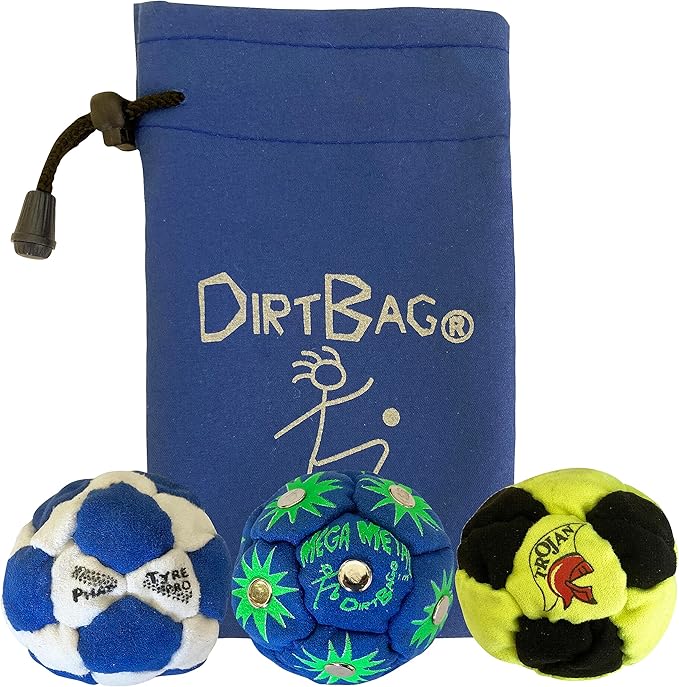 DIRTBAG Lover Footbag 3-Pack with Pouch, Includes Three Original and Unique Premium Quality Hand Sewn Footbags and Carry Pouch.