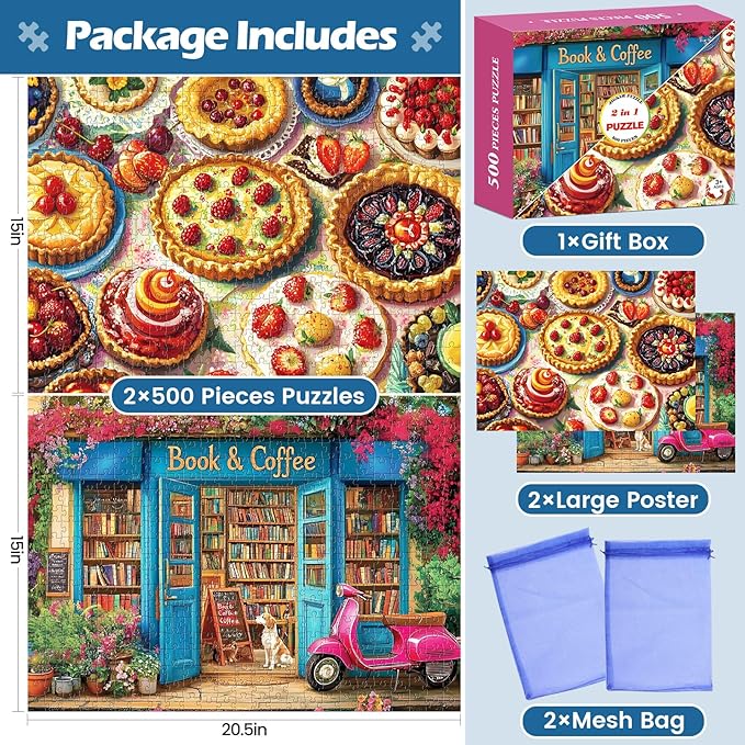 2 Pack 500 Pieces Puzzle for Adults,Bookstore Jigsaw Puzzles 500 Pieces Delicious Pie Dessert Puzzles for Adults 500 Piece Colorful Premium Cardboard Puzzle Family Activity Gift 20.5x15 in