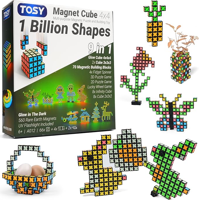 TOSY Magnet Cube 4x4 - 70 Blocks, 560 Magnets, Easter Basket Stuffers for Kids, Multipurpose: Creative Building Blocks, Transformable Fidget Spinner, Puzzle/Infinity Cube, Glowing STEM Toy