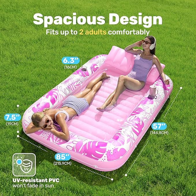 SLOOSH Inflatable Tanning Pool Lounger Float, 85" x 57" Extra Large Pool Floats Adult with Pillow, 4 in 1 Suntan Tub Raft Floatie,Sunbathing Bed Lounge for Water Blow Up Ball Pit, XL-Blushing Pink