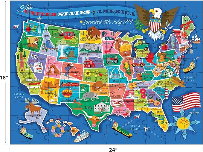 RoseArt Map of USA Puzzle for Kids – 100 Large Pieces, 24" x 18" – Educational United States Puzzle with Fun State Illustrations – Made in USA – Learning Toy for Ages 6+