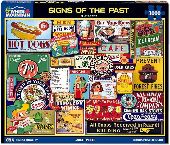 White Mountain 1000 Piece Jigsaw Puzzle Vintage Sign Collage Puzzles with Large Pieces Gift for Adults and Family 24"x30" - Signs of The Past
