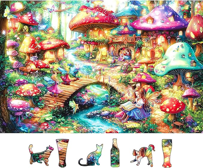 Fairy Tale Mushroom Village 500 Piece Puzzle for Adults, Fun Puzzles for Adults 500 Pieces with HD Print & Poster, 23" X 15" Dust Free, for Gifts Halloween Christmas Family Lovers