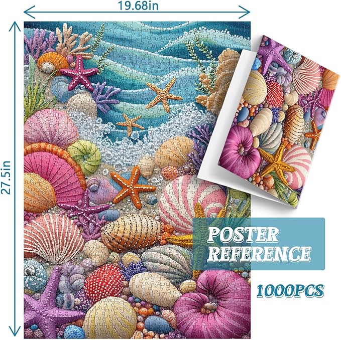 PICKFORU Beach Puzzles for Adults 1000 Pieces, Colorful Seashells Puzzle Sea Coral Starfish，Impossible Ocean Jigsaw Puzzles as Home Art