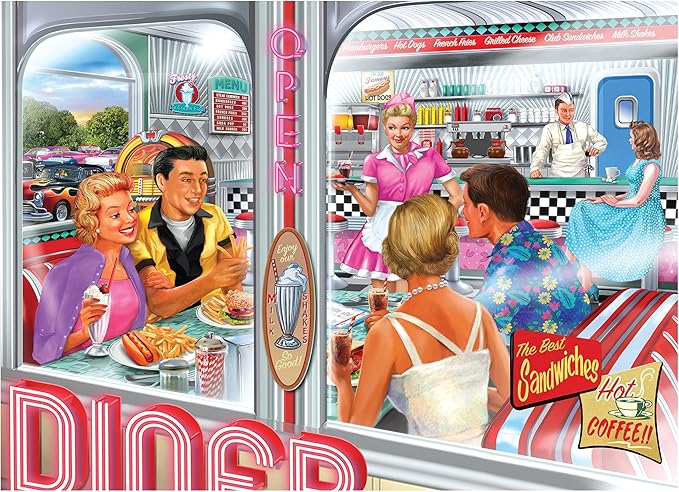RoseArt - Back to the Past - Diner Double Date 1000 Piece Jigsaw Puzzle - Vintage Retro Diner Puzzle for Adults - Finished Size 26.625 x 19.25 Made in USA