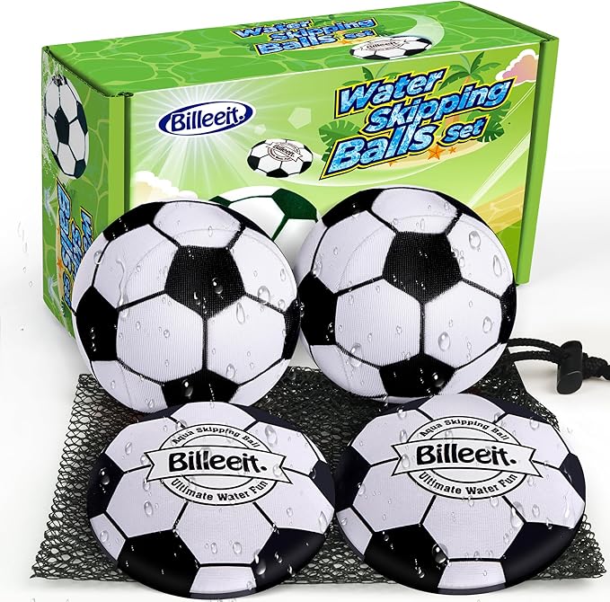 4Pcs Water Skipping Balls for Pool Play, Water Pool Beach Swim Toys for Kids Ages 4-8, 8-12 and Adults, Include 2 Balls and 2 Discs