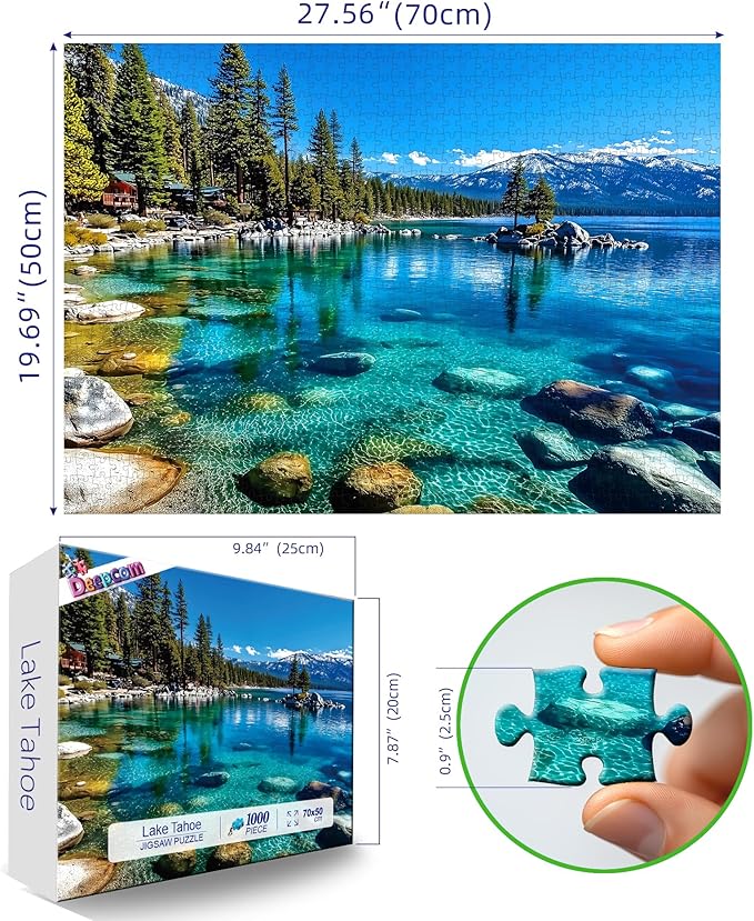 Landscape Jigsaw Puzzle 1000 Pieces Lake Tahoe Scenery with Clear Turquoise Waters, Snow-Capped Mountains & Pine Forests, Challenging & Fun Puzzle for Adults and Teens, Ideal Gift & Home Decor