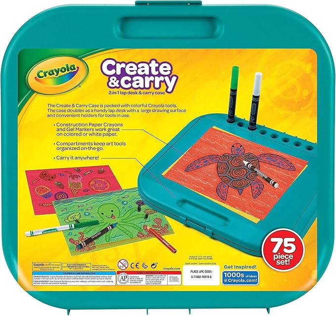 Crayola Create 'N Carry Travel Art Set for Kids (75pcs), 2-in-1 Lap Desk & Carrying Case, Essential Easter Basket Stuffers, Art Supplies Kit, Spring Crafting, Gift for Kids
