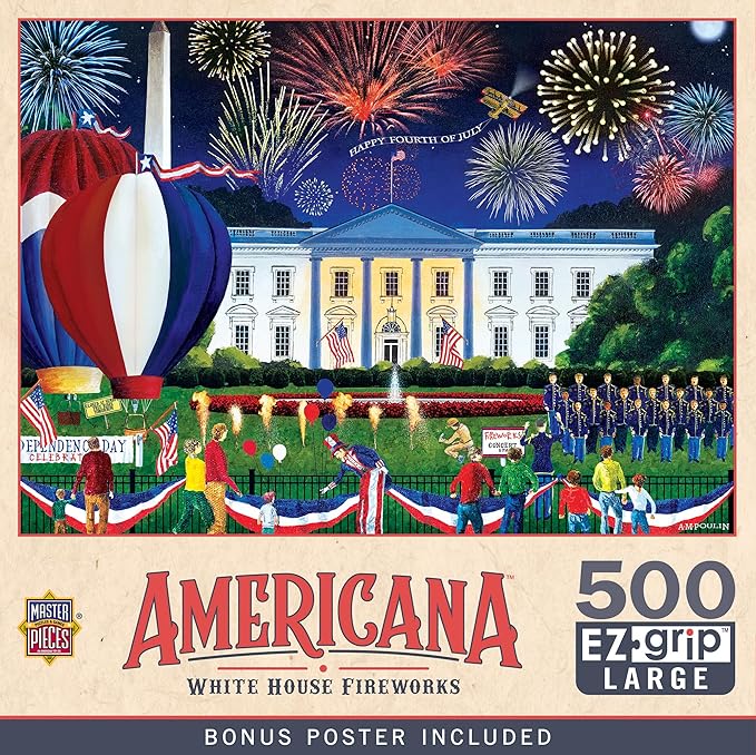 MasterPieces - 500 Piece Jigsaw Puzzle, Large EZ Grip Shapes, White House Fireworks, Fun for Adults, Seniors, Family, Kids, 19.25" x 26.75"