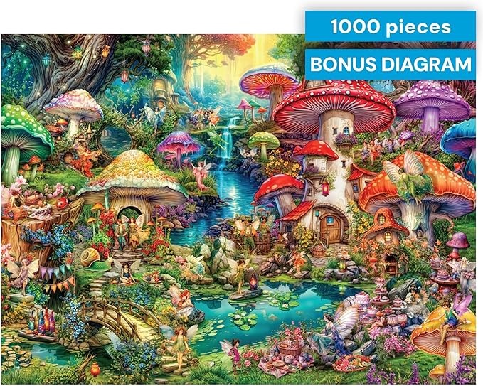 Buffalo Games - 1000 Piece Jigsaw Puzzle Aimee Stewart Merry Mushroom Village Picnic, Made in USA, Premium Recycled Board, Full-Color Poster, Giftable