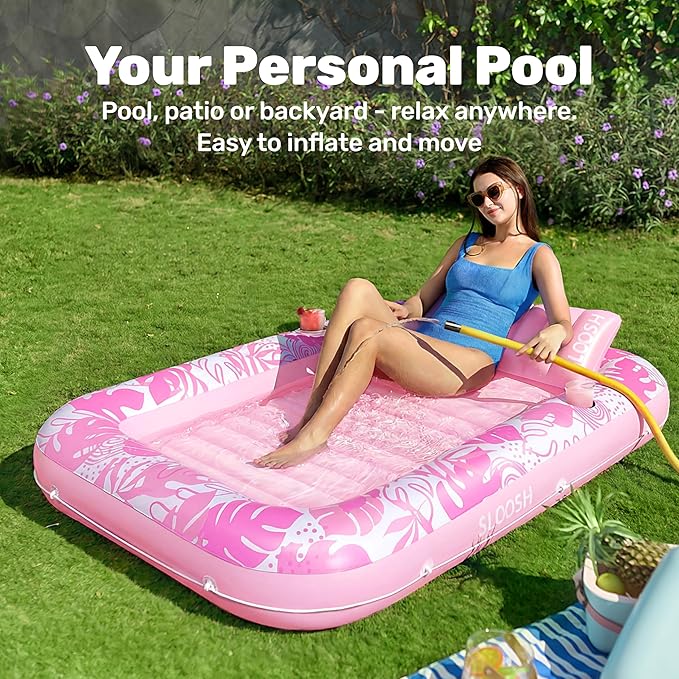 SLOOSH Inflatable Tanning Pool Lounger Float,70" x 46" Pool Floats Adult with Pillow,4 in 1 Suntan Tub Raft Floatie,Sunbathing Bed Lounge for Water Blow Up Kids Ball Pit Party Gifts,L-Blushing Pink