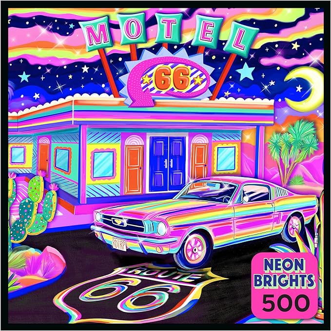 RoseArt - Neon Brights - Route 66 Night - 500 Piece Jigsaw Puzzle for Adults, Neon Retro Landscape
