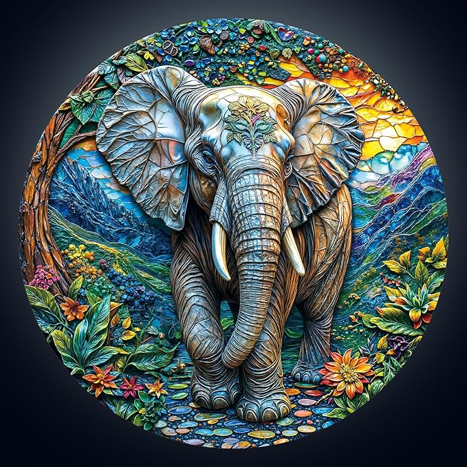 Round Jigsaw Puzzle 1000 Pieces - Majestic Elephant Art Design - 26.6" Circular Challenge, Wildlife Jungle Scene, Mindful Stress Relief Gift for Adults & Teens