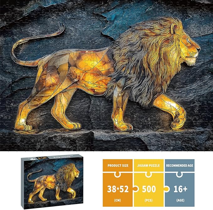 500 Piece Puzzles for Adults, Lion Jigsaw Puzzles 500 Pieces - Amber King, Impossible Puzzle for Home Decor, Finished Size 20.47 * 14.96”, with 1:1 Poster, Letter on The Back