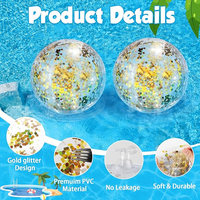 12 Pack Gold Glitter Beach Beach Balls 16" Large Inflatable Sparkly Confetti Pool Balls Glitter Pool Toys PVC Jumbo Sport Ball for Birthday Hawaiian Wedding Christmas Happy New Year Party Favor