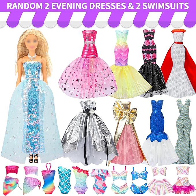 Style Shine 90 Pcs Doll Clothes and Accessories,2 Wedding Gowns 2 Evening Dresses 6 Fashion Dresses 4 Set Casual Outfit Top and Pant 2 Swimsuit,20 Hanger 10 Shoe 41 Accessories Toys for Girls Kid Gift