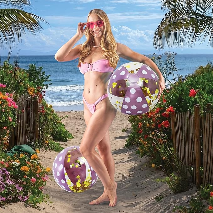 POZA Inflatable Beach Balls - Elegant Glitter Confetti Premium Floaters, Heavy Duty Vinyl Floatation Pool Toys for Pool Beach Party, UV Resistant Pool Décor