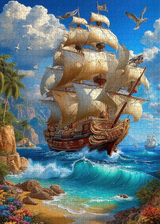 Golden Galleon Sailing Ship Jigsaw Puzzle for Adults 1000 Pieces - Tropical Island Coast Adventure Scene, 28”x20” Panoramic, Lettered Back, Premium Nautical Home Decor & Pirate Gift