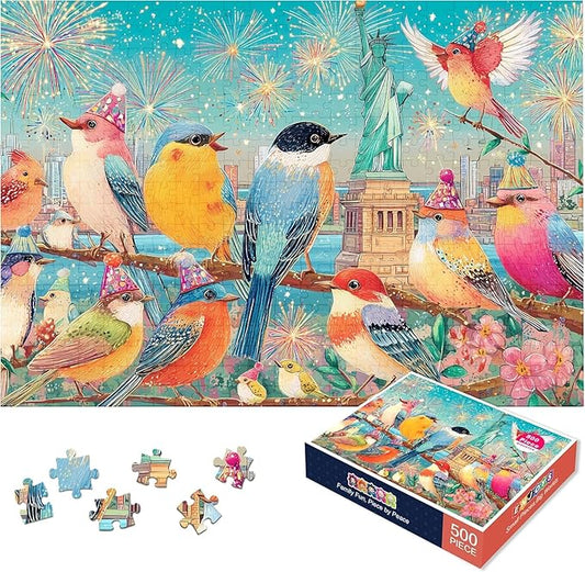 500 Piece Jigsaw Puzzle for Adults - Colorful Birds New York City Skyline Fireworks Night - Vibrant Songbird Art 20.5x15 in with Reference Poster - Unique Bird Lover Wall Art Gift