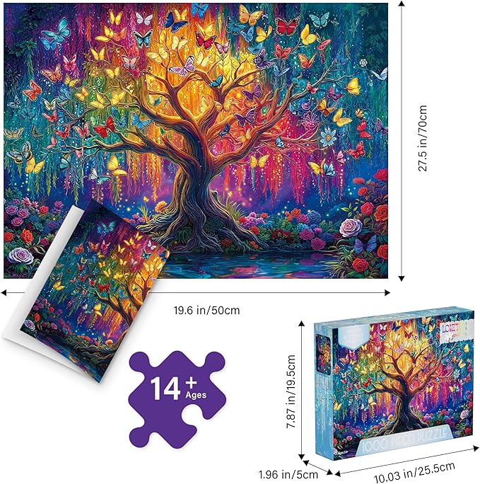 Colorful Butterfly Trees Puzzles for Adults 1000 Pieces, Perfectly Letter on Back No Dust, Tree of Life Jigsaw Puzzle Rainbow Tree, Challenging Puzzle Perfect for Game Nights