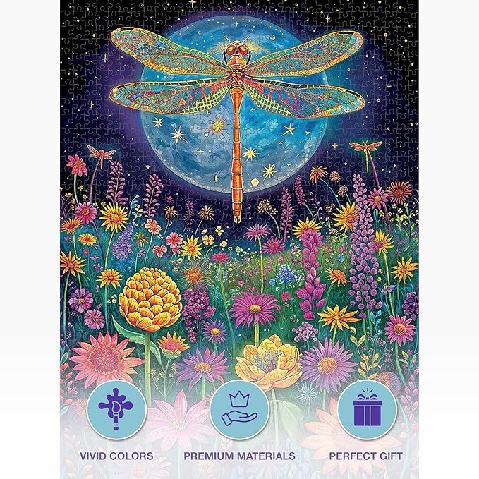 Cross & Glory - 1000 Piece Jigsaw Puzzle for Adults | Lunar Symphony: The Dragonfly’s Tale | Best New Enchanted Nature Puzzle | Vibrant Nighttime Artwork| 20x27 Inches | Flower Puzzle