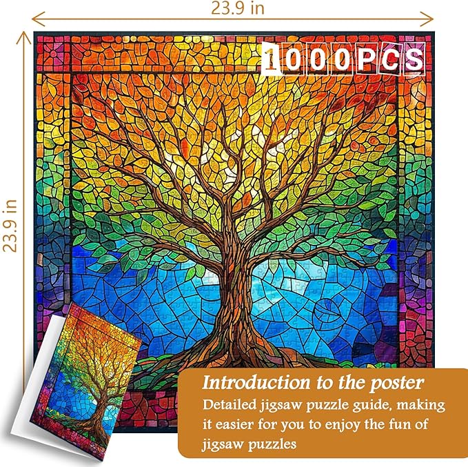 PICKFORU Stained Glass Puzzles for Adults 1000 Pieces and up, Mosaic Tree of Life Puzzle Unique Rainbow Puzzles, Colorful Difficult Jigsaw Puzzles for Adults