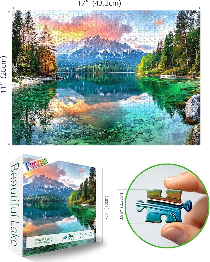 Mountain Lake Landscape 300 Piece Puzzle for Adults Beautiful Sunset Nature Scenery Jigsaw Puzzle with Letters on Back Perfect Family Seniors Game Night Gift
