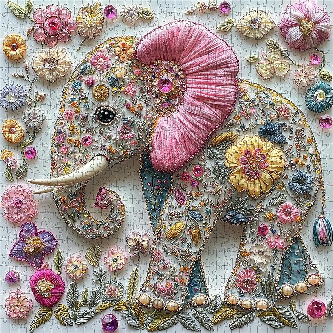 Elephant Jigsaw Puzzles for Adults 1000 Pieces - Beautiful Elephant Diamond Art Puzzle, Cute Animal Floral Crystal Jigsaw Puzzles with Letters on Back, Challenging Puzzle Games Gift for Teens Adults