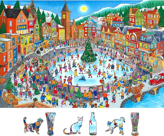 500 Pieces Jigsaw Puzzle for Adults Winter Village Ice Skating Scene Festive Christmas Happy Holiday Town Square Puzzle Family Entertainment Perfect for Adults & Family Fun (23''X15'')