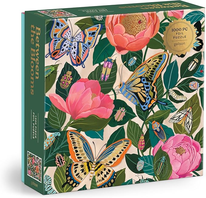 Galison Between The Blooms – 1000 Piece Foil Jigsaw Puzzle Featuring Beautiful Artwork of Butterflies Nestled in Blooming Flowers