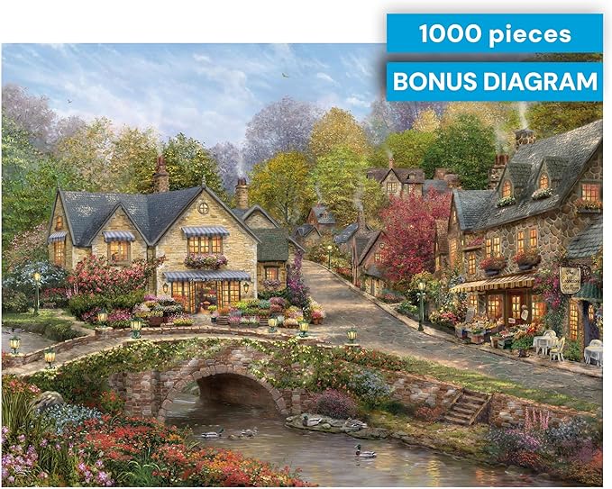 Buffalo Games Thomas Kinkade Summer in Cobblestone Village 1000 Piece Puzzle – Silver Select Premium Jigsaw Puzzle with Foil Accents & Reference Poster