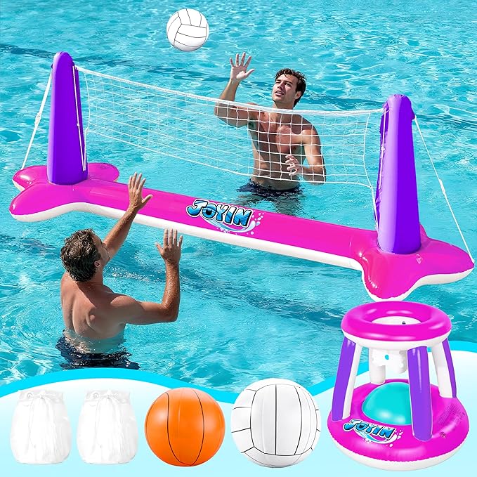 JOYIN Inflatable Pool Float Set Volleyball Net & Basketball Hoops, Floating Swimming Game Toy Floaties for Kids and Adults Volleyball Court (105”x28”x35”)|Basketball (27”x23”x27”),L-Pink Purple