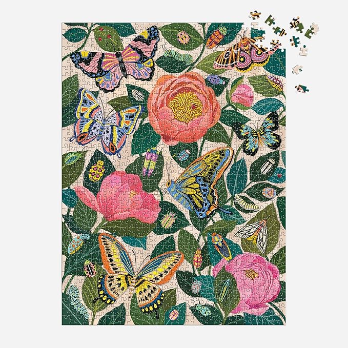 Galison Between The Blooms – 1000 Piece Foil Jigsaw Puzzle Featuring Beautiful Artwork of Butterflies Nestled in Blooming Flowers