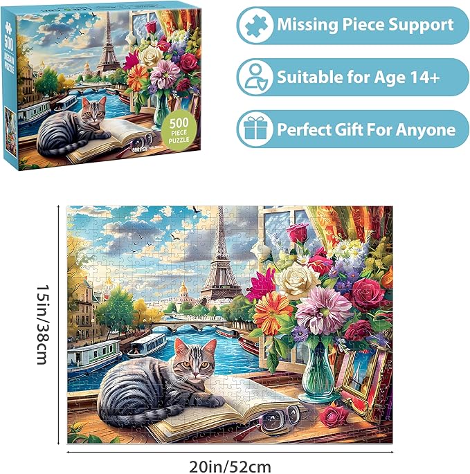 500 Pieces Puzzle for Adults Cat Paris Puzzle for Elderly, Recycled Paper Jigsaw Puzzles 500 Pieces Challenging Puzzles Family Game Gift for Friends, Finished Size is 21x15 in
