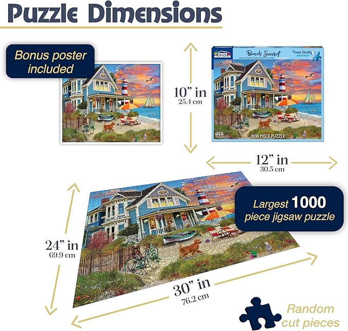 White Mountain 1000 Piece Jigsaw Puzzle Summer Night Ocean House Puzzles with Large Pieces for Adults and Family 24"x30" - Beach Sunset