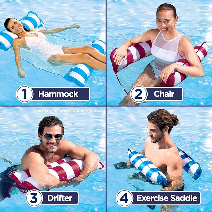 3 Pack, Aqua Original 4-in-1 Monterey Hammock Pool Float and Water Hammock, Multi-Purpose, Inflatable Pool Floats for Adults, Patented Thick, Non-Stick PVC Material, 2 Light Blue and 1 Burgundy