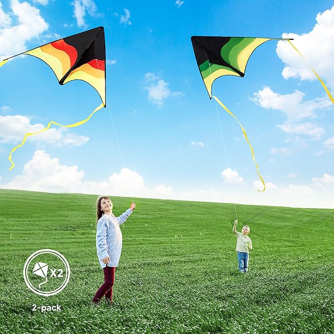 SYNCFUN 2 Packs Large Delta Kite Gradient Green and Yellow– Easy to Fly for Kids and Adults, Beach Kite with 328 ft String for Outdoor Games and Activities