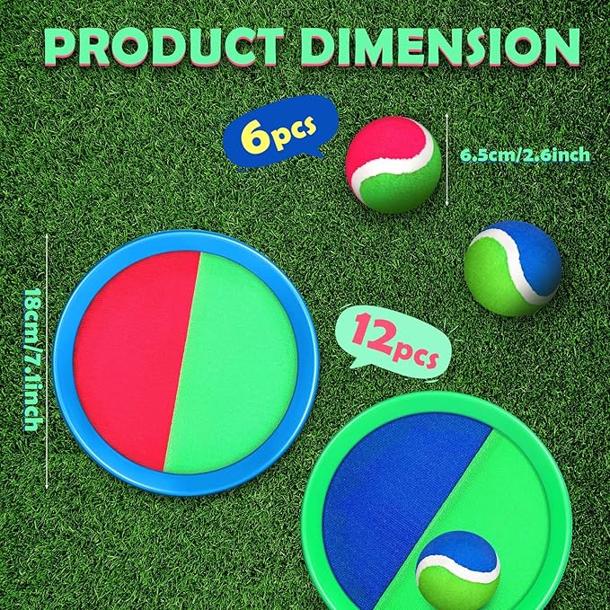 Charniol Kids Toys Toss and Catch Game Set Beach Game Outdoor Ball Sports Games Toss and Catch Ball Nylon Toys for Kids Adults(Blue Green, Pink Green,12 Paddles 6 Balls)