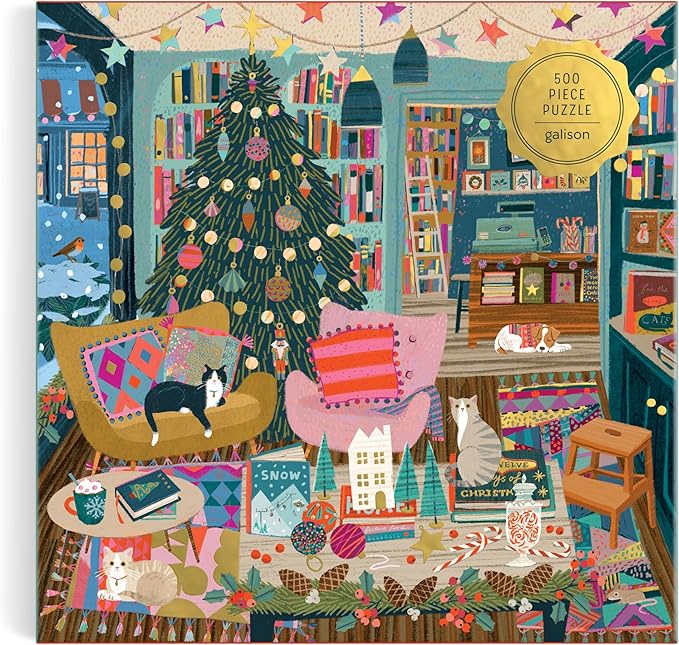 Galison Season's Reading – 500 Piece Foil Jigsaw Puzzle Featuring Beautiful Artwork of A Cozy Christmas Bookshop Scene with Gold Foil Accents