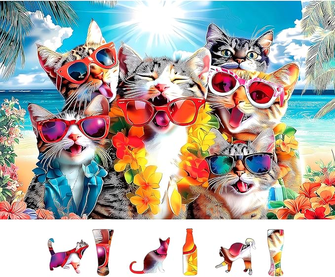 MINIWAN 500 Piece Puzzles for Adults - Cool Beach Cats Sunglasses Jigsaw Puzzle, 23x15 Inches with Unique Irregular Shaped Pieces for Relaxation & Home Wall Decor