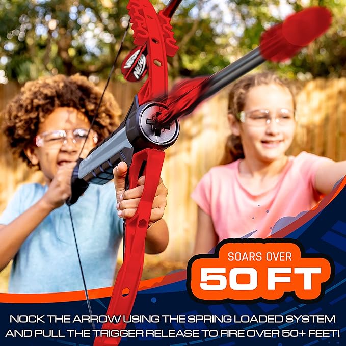 NERF Rip Rocket Kids Toy Bow + Arrow Set - Rip Rocket Blaster Soft Foam Bow + Arrow Set - Indoor + Outdoor Play - Plastic Bow and (4) Foam Tip Arrows - Air Powered