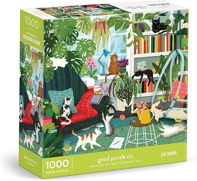 Good Puzzle Co Cat Haven – 1000 Piece Jigsaw Puzzle Featuring Beautiful Artwork of A Chic Bookshelf Surrounded by Adorable Cats