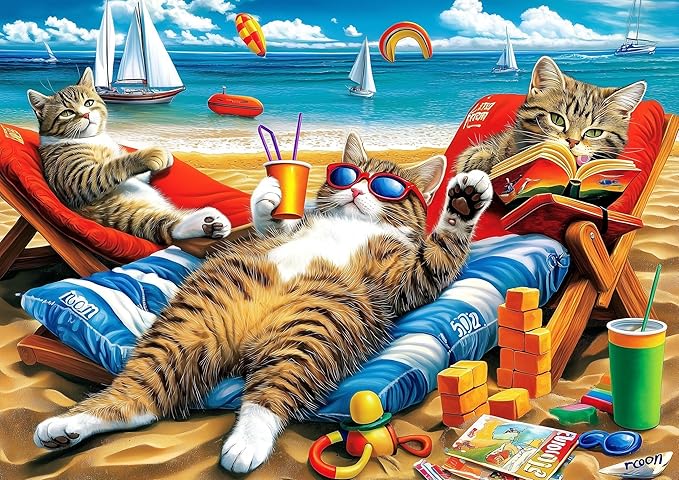 Vibrant Beach Jigsaw Puzzle for Adults 1000 Piece, Funny Cats Summer Vacation Scene, 27.56x19.69 Inches, Stress Relief & Home Decor, Entertaining Challenge