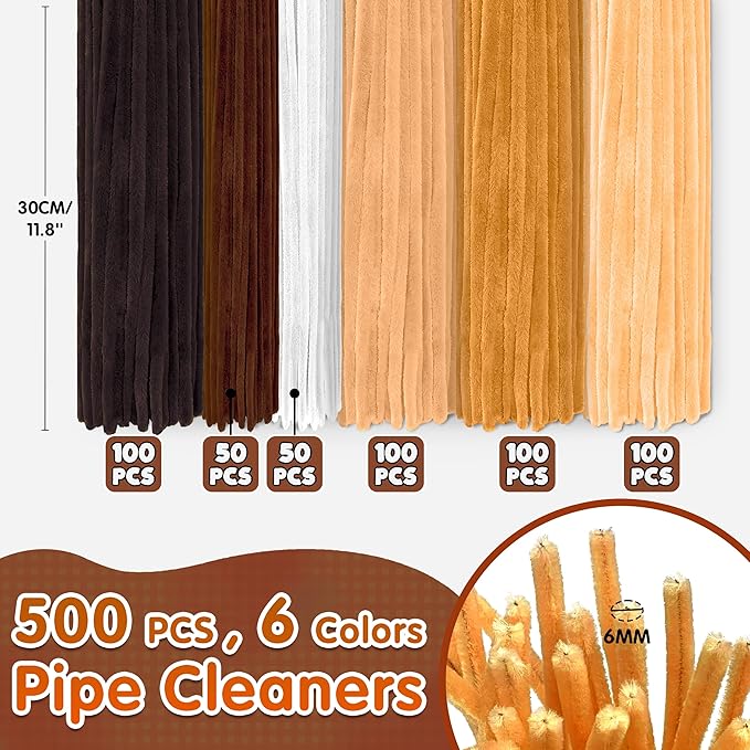 LINAYE 500 PCS Pipe Cleaners Craft, 6 Colors Pipe Cleaners Flowers Kit, Chenille Stems for Crafts with Instruction Wrapping Paper, Flower Stamens, Stems Art and Craft Supplies Brown