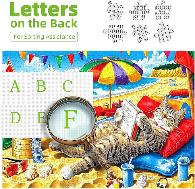 1000 Piece Beach Cats Jigsaw Puzzle for Adults, Colorful Summer Beach Scene with Kittens, 27.56x19.69 Inches, Relaxing Activity & Decoration